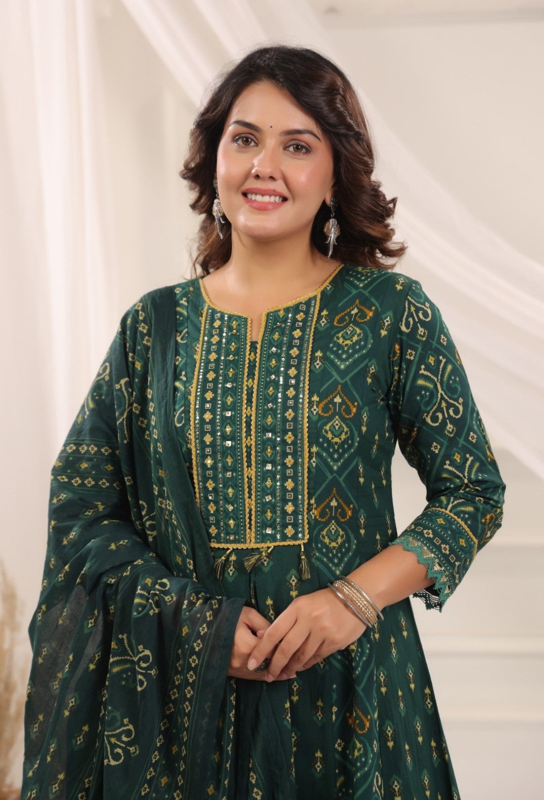 Rani Green Premium Cotton Anarkali Set With Dupatta
