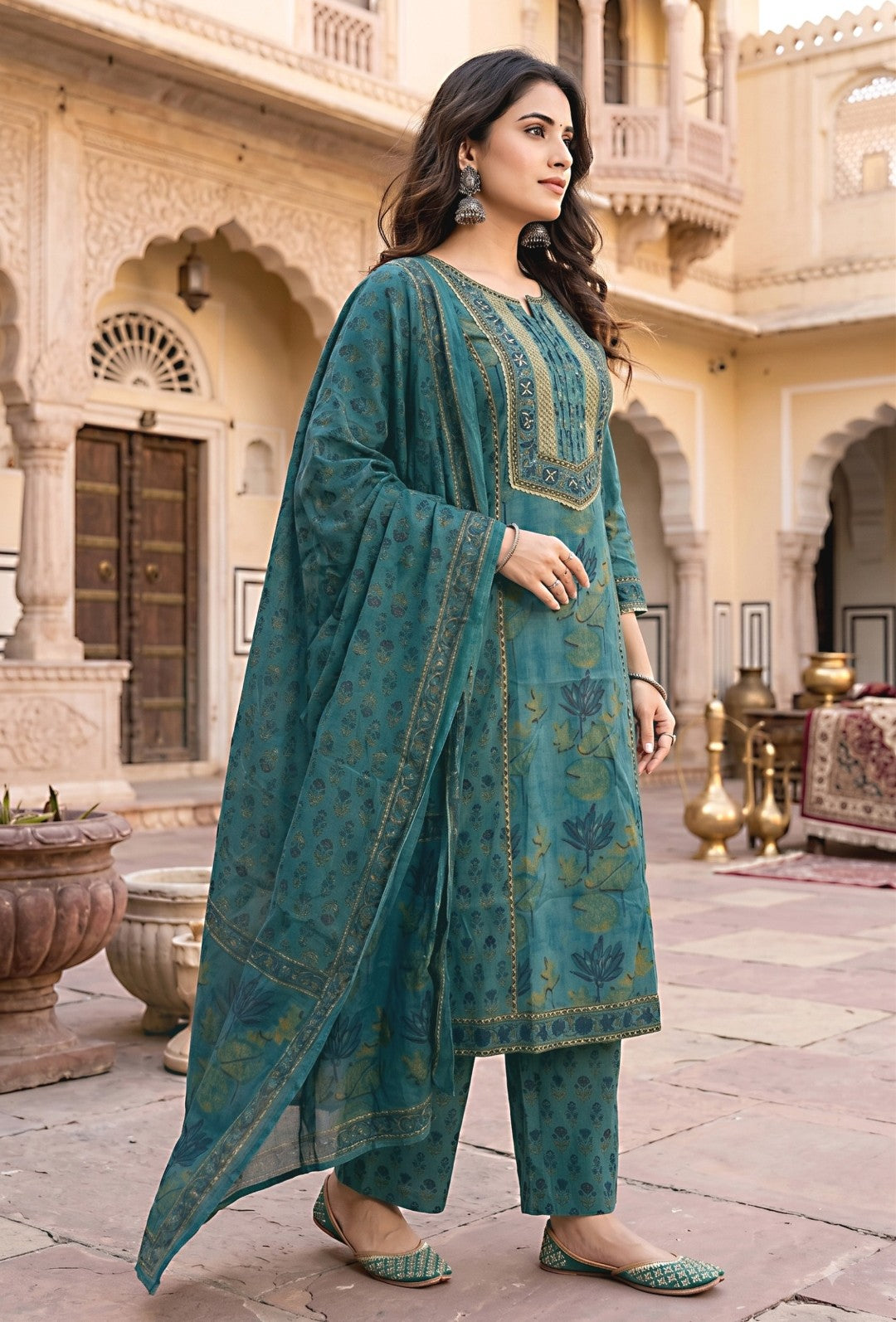Sarika Teal Blue Cotton Straight Salwar Suit Set For Women