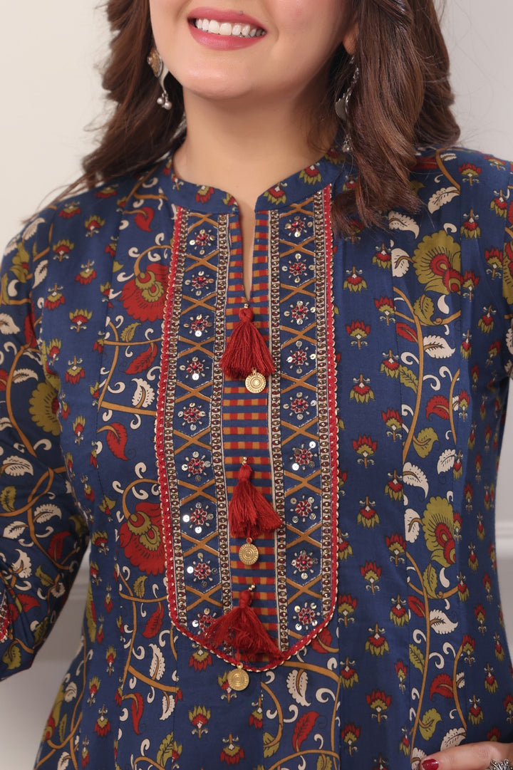 Jayashree Blue Cotton Anarkali Suit Set For Women