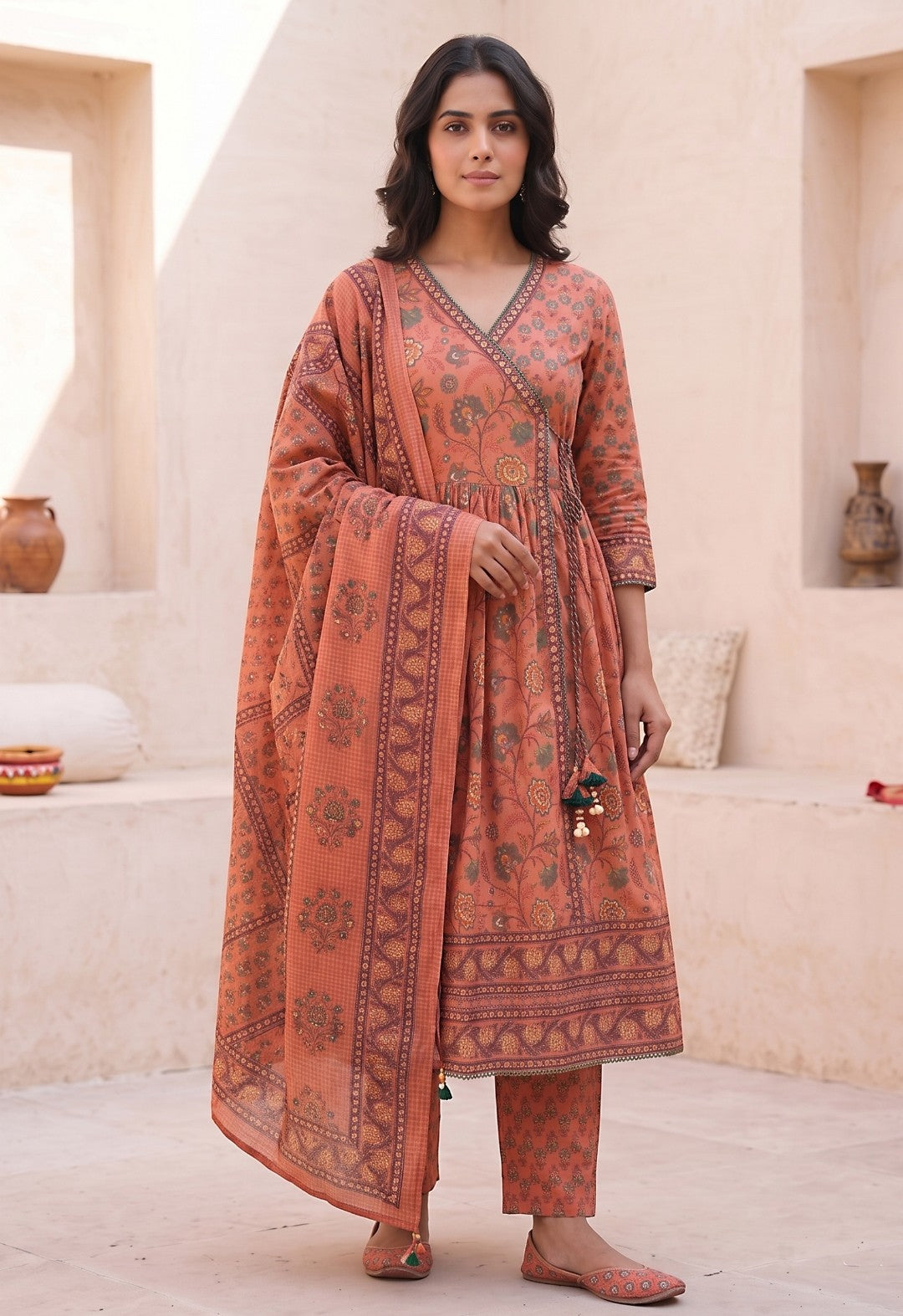 Chaitali Peach Premium Cotton Anarkali Set With Dupatta