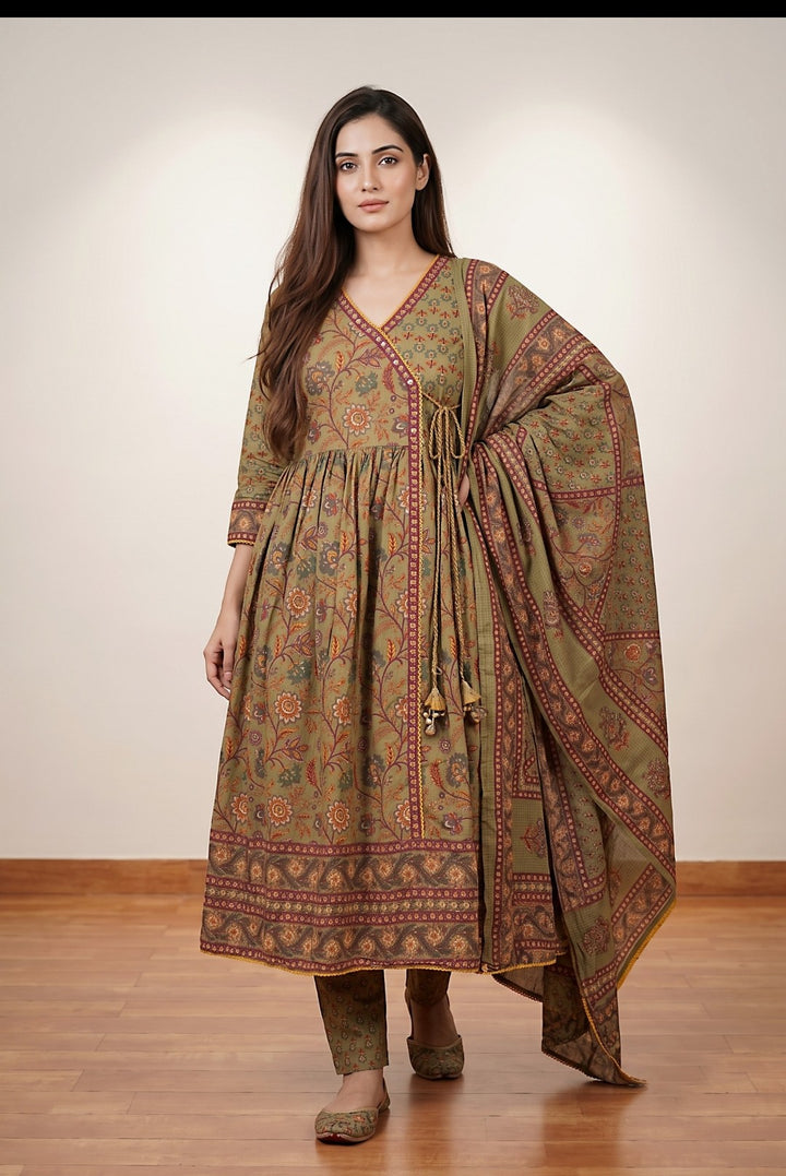 Eshana Olive Green Premium Cotton Anarkali Set With Dupatta
