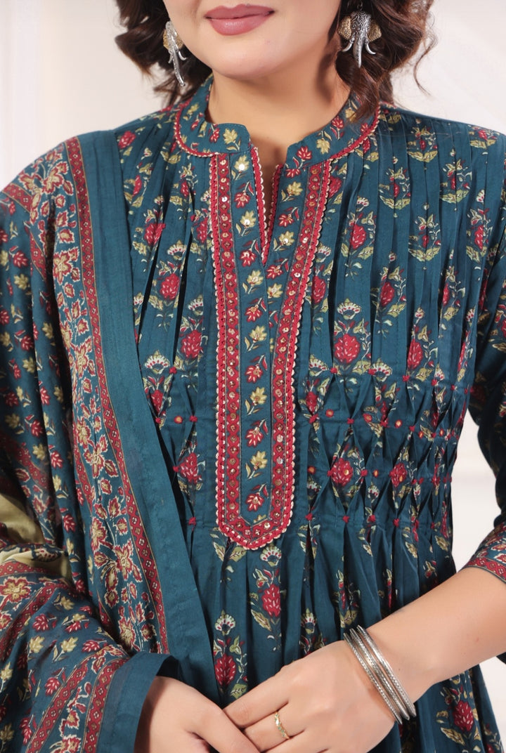 Bhanu Blue Cotton A Line Suit Set With Pockets For Women