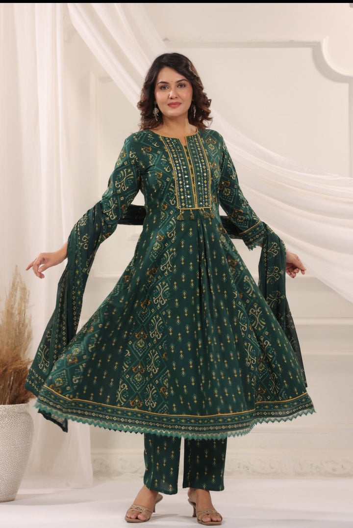 Rani Green Premium Cotton Anarkali Set With Dupatta