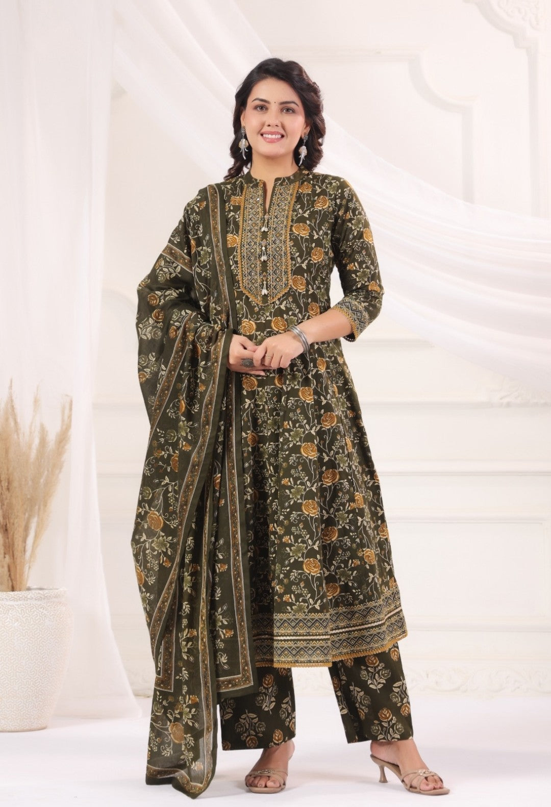 Aishani Green Premium Jaipur Cotton Anarkali Set With Dupatta