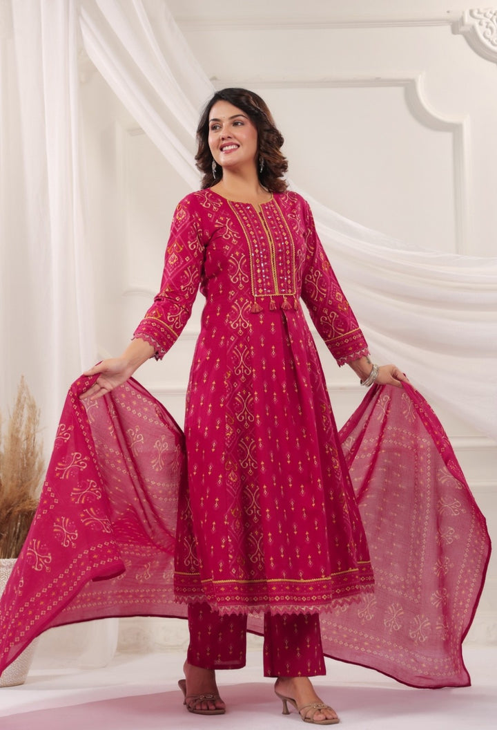 Padma Pink Premium Cotton Anarkali Set With Dupatta