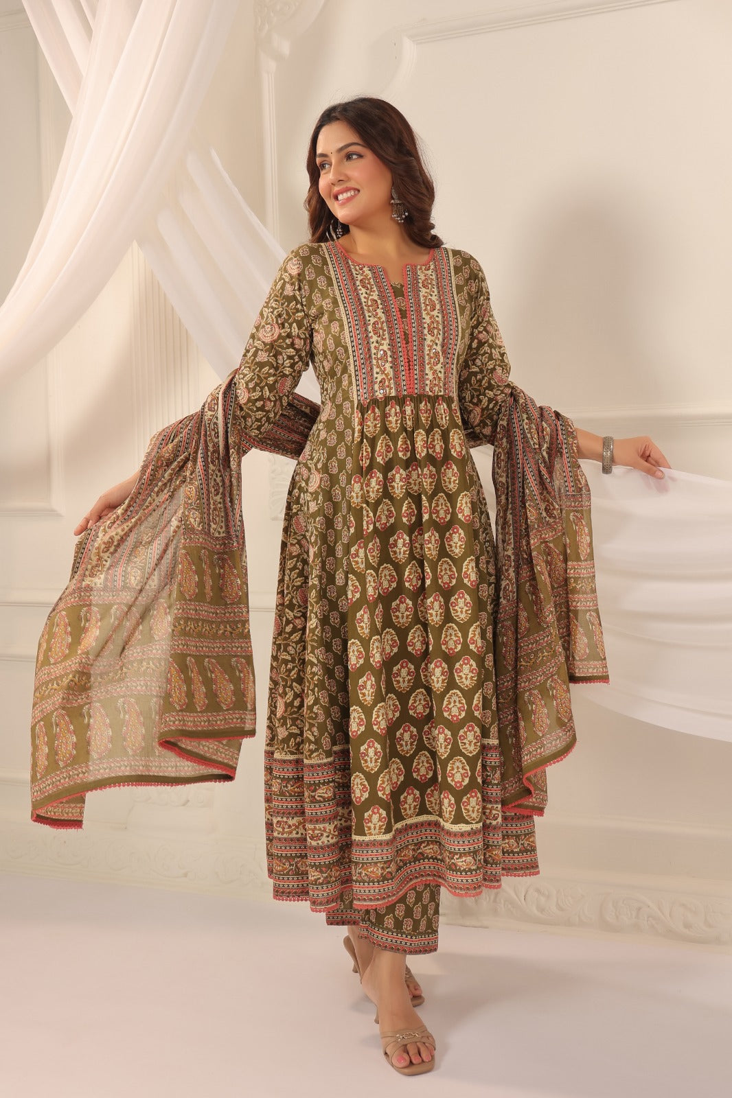 Rajeshwari Mehendi Colour Cotton Anarkali Suit Set For Women
