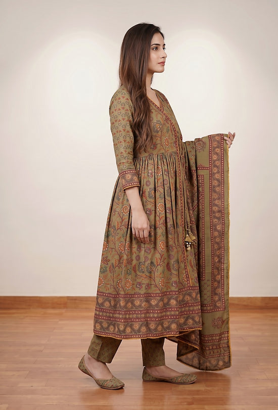 Eshana Olive Green Premium Cotton Anarkali Set With Dupatta