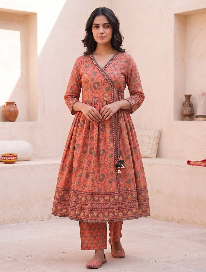 Chaitali Peach Premium Cotton Anarkali Set With Dupatta