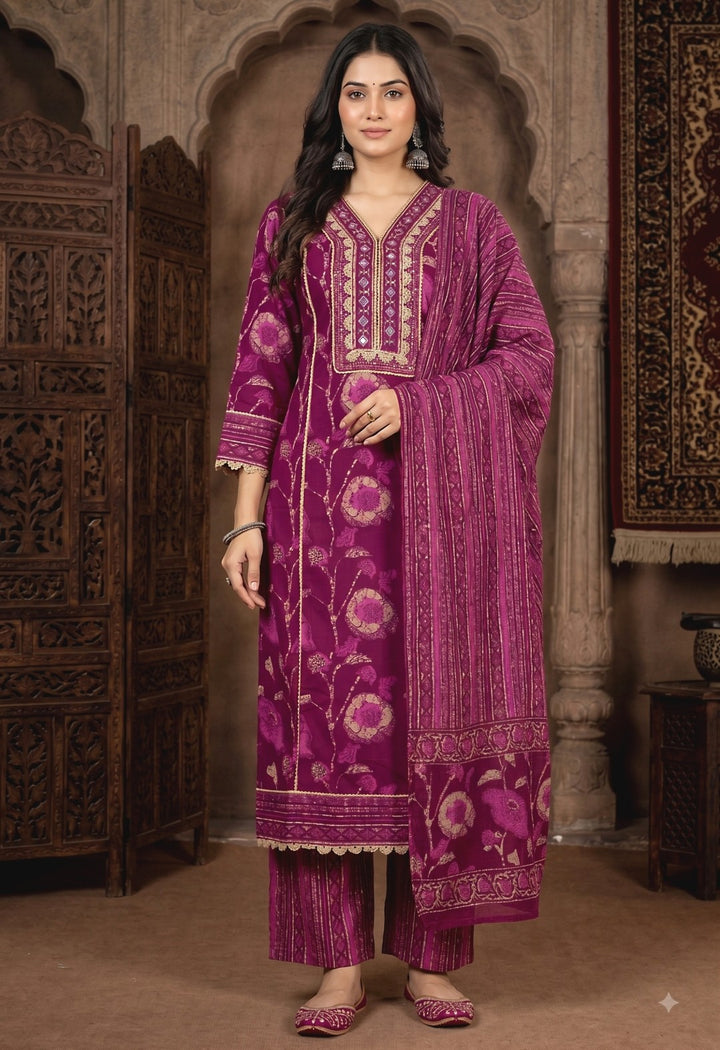 Akshara Wine Cotton Salwar Suit Set For Women