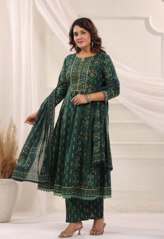 Rani Green Premium Cotton Anarkali Set With Dupatta