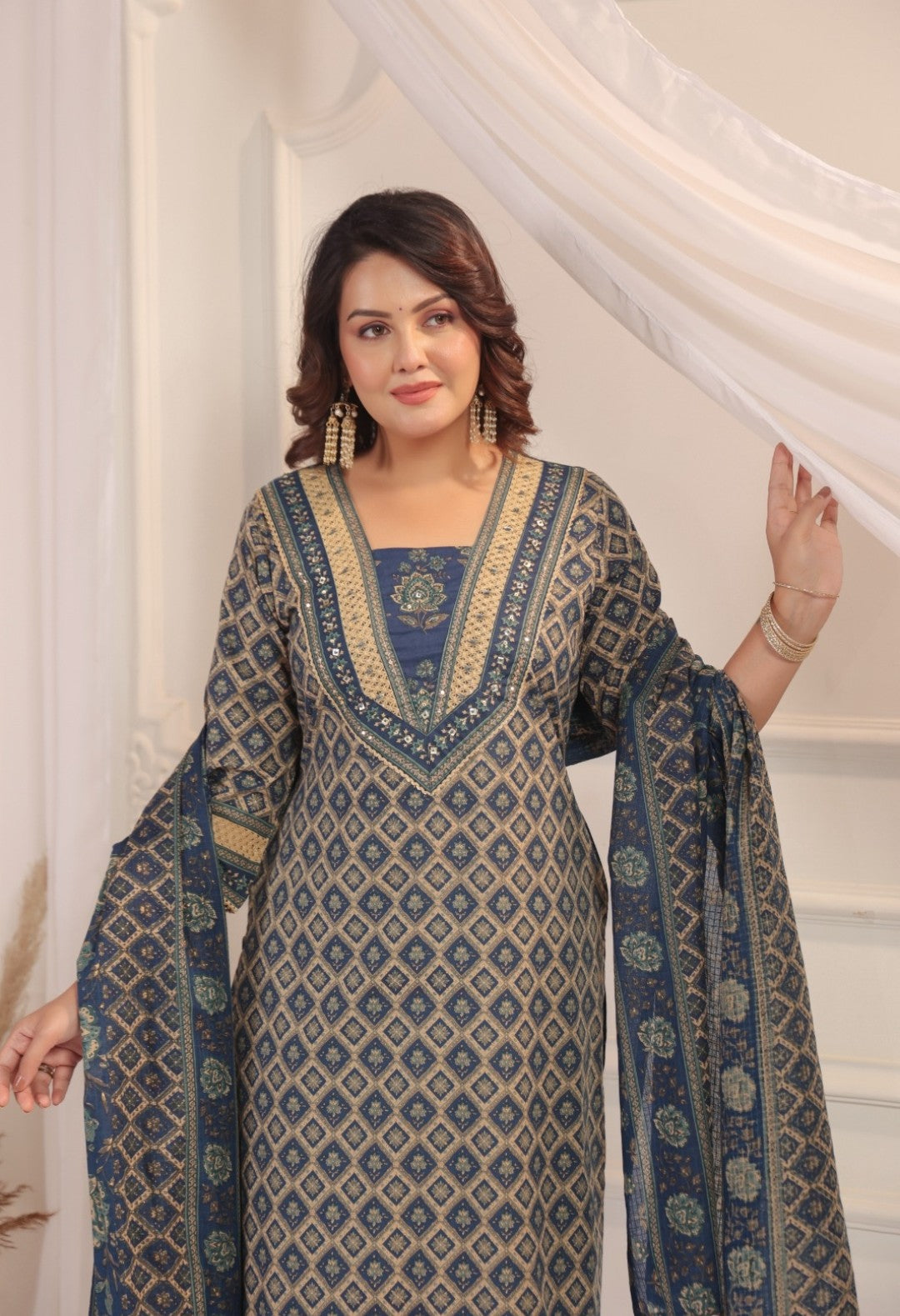 Bhanu Blue Cotton Straight Salwar Suit Set For Women