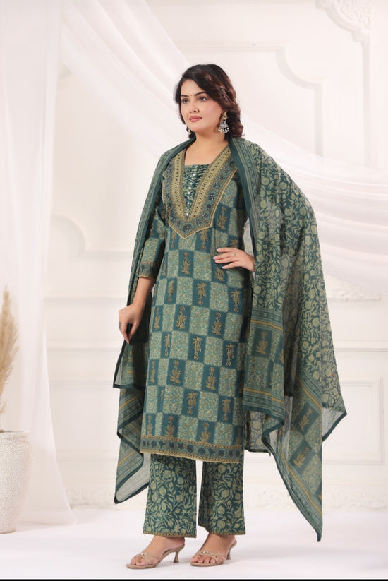 Pranavi Teal Premium Cotton Straight Salwar Suit Set For Women