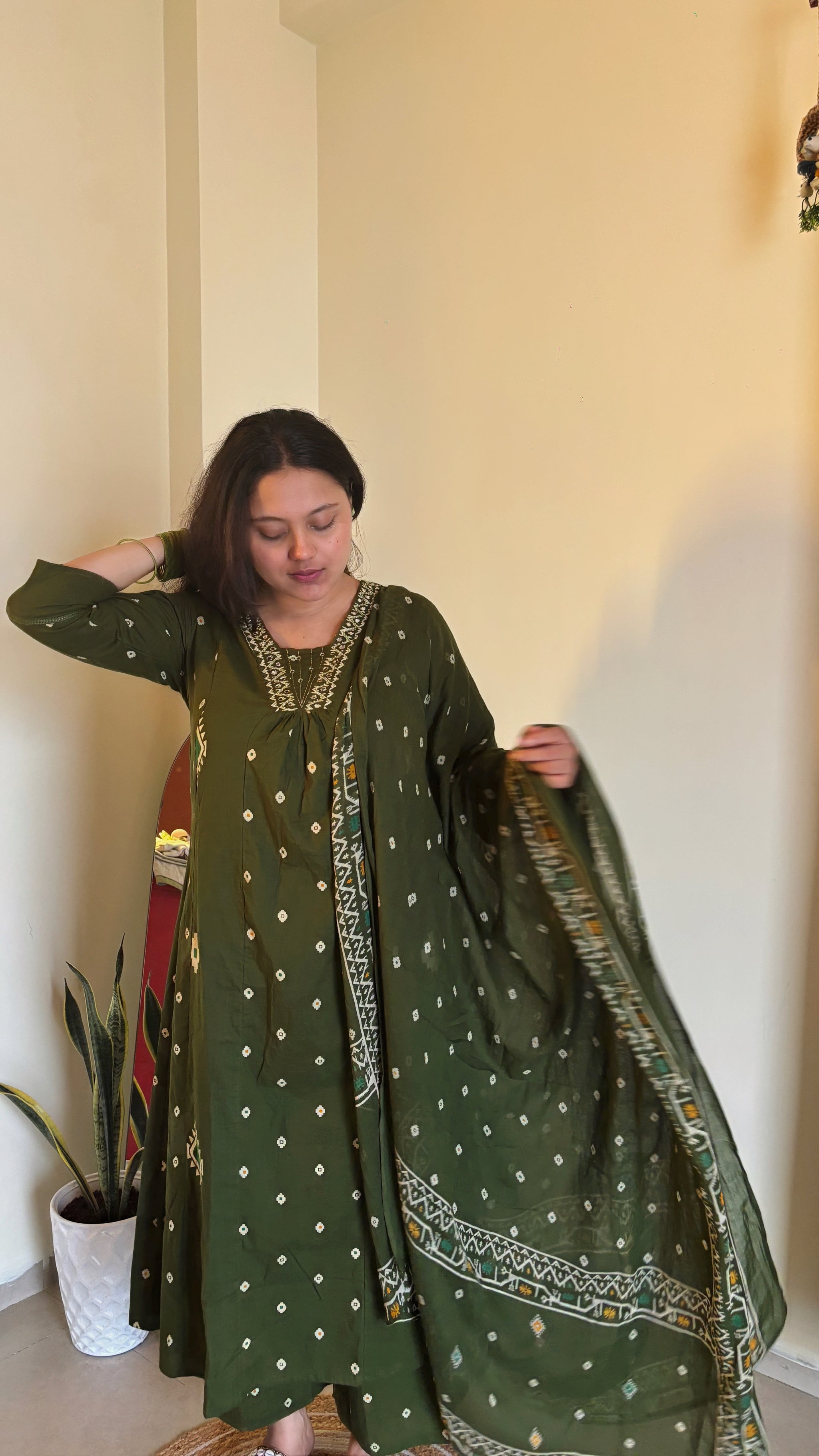 Yami Green Cotton A Line Suit Set