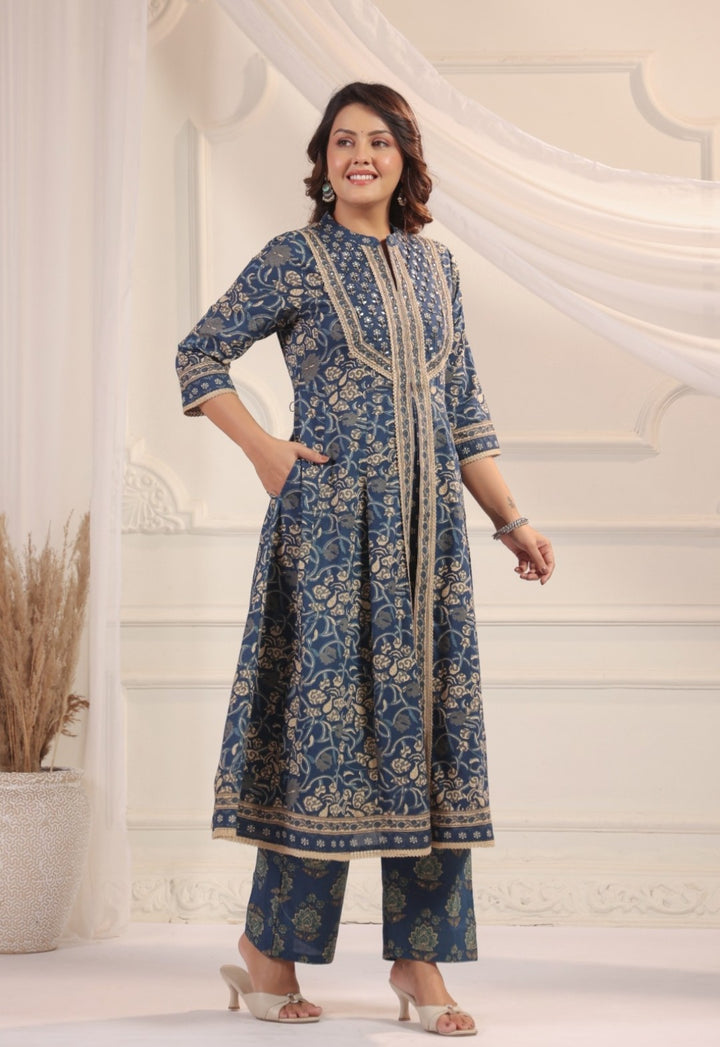 Seema Blue Cotton Anarkali Suit Set