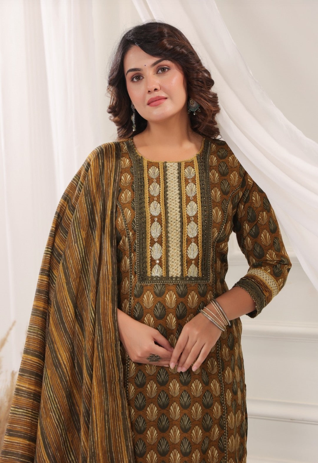 Rajeshwari Brown Cotton Straight Salwar Suit Set For Women