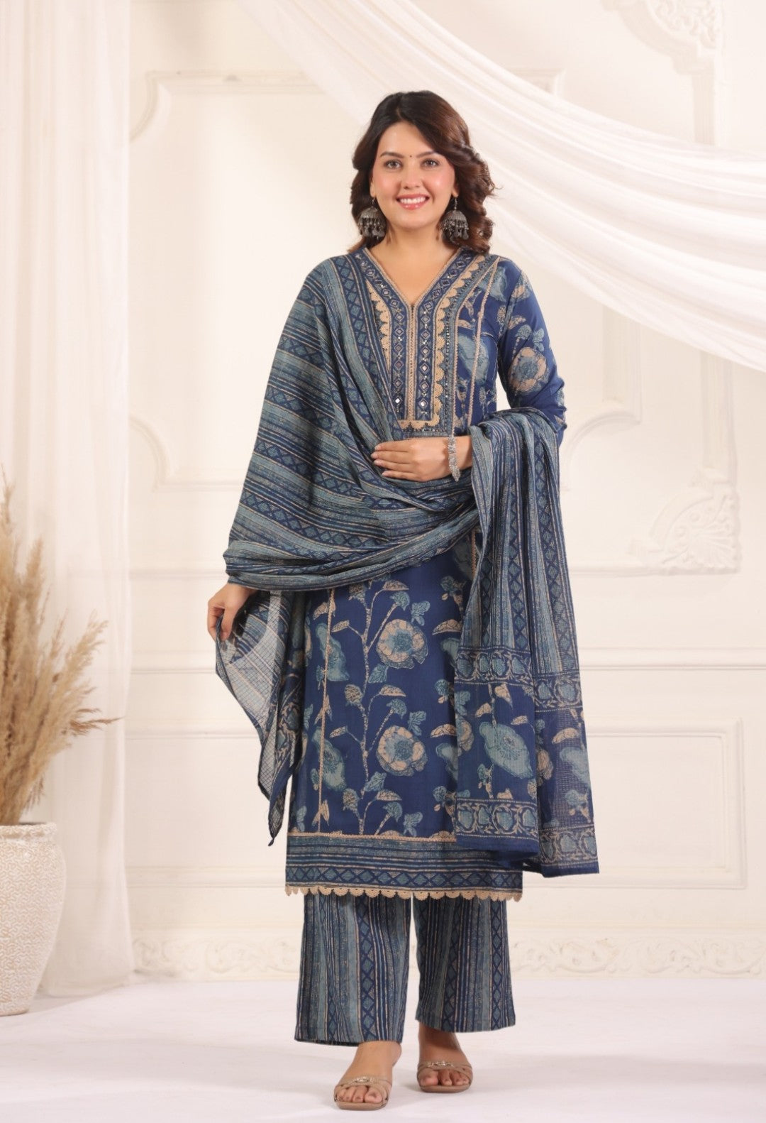 Lina Blue Cotton Salwar Suit Set For Women