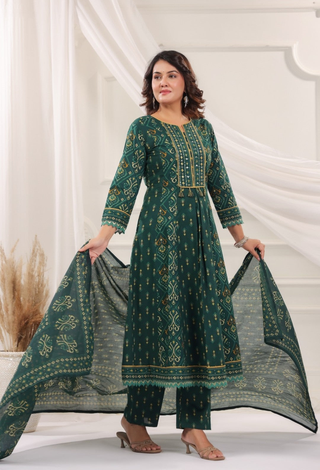 Rani Green Premium Cotton Anarkali Set With Dupatta