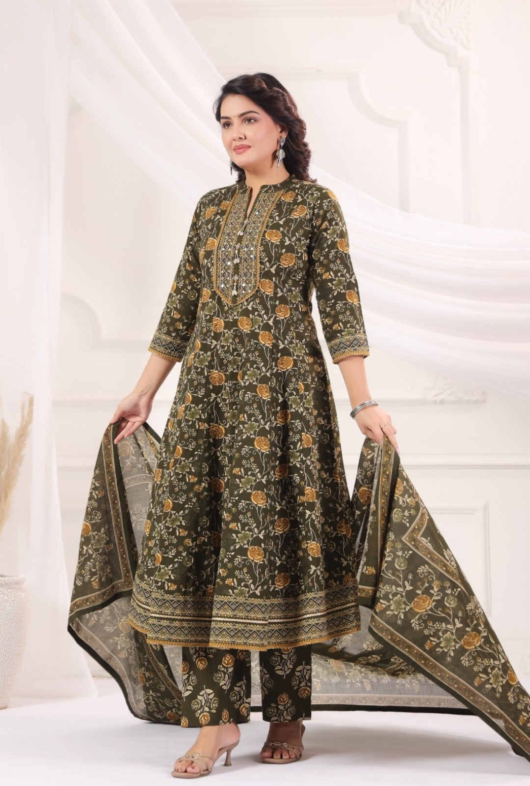 Aishani Green Premium Jaipur Cotton Anarkali Set With Dupatta