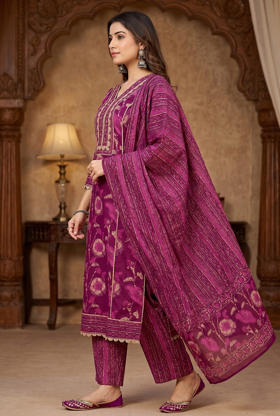 Akshara Wine Cotton Salwar Suit Set For Women