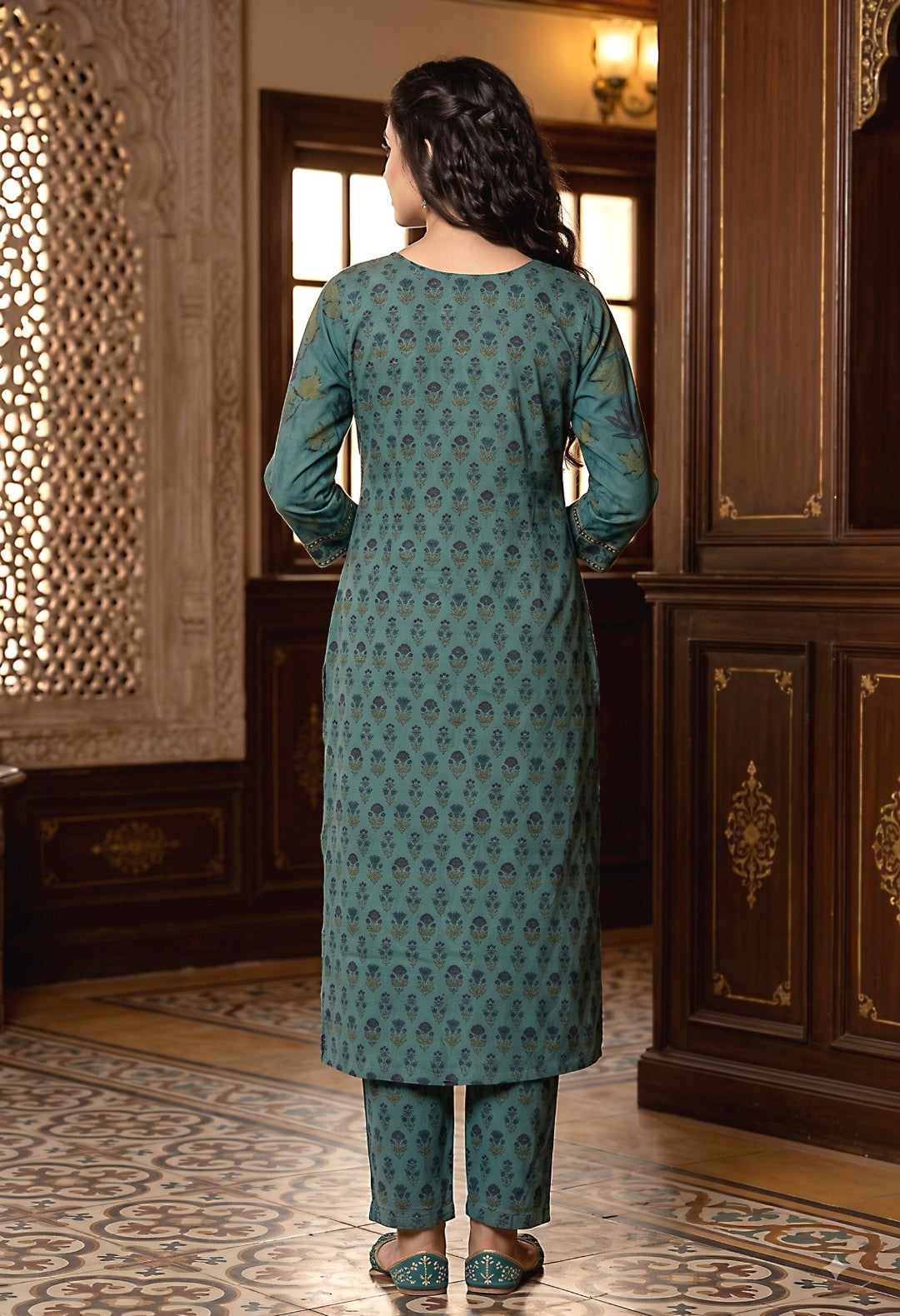 Sarika Teal Blue Cotton Straight Salwar Suit Set For Women