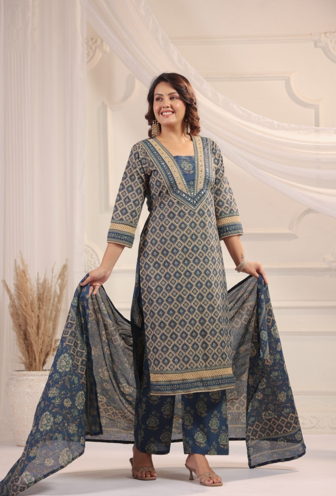 Bhanu Blue Cotton Straight Salwar Suit Set For Women