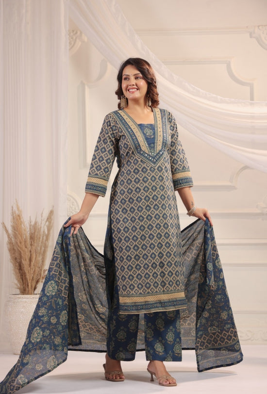 Bhanu Blue Cotton Straight Salwar Suit Set For Women