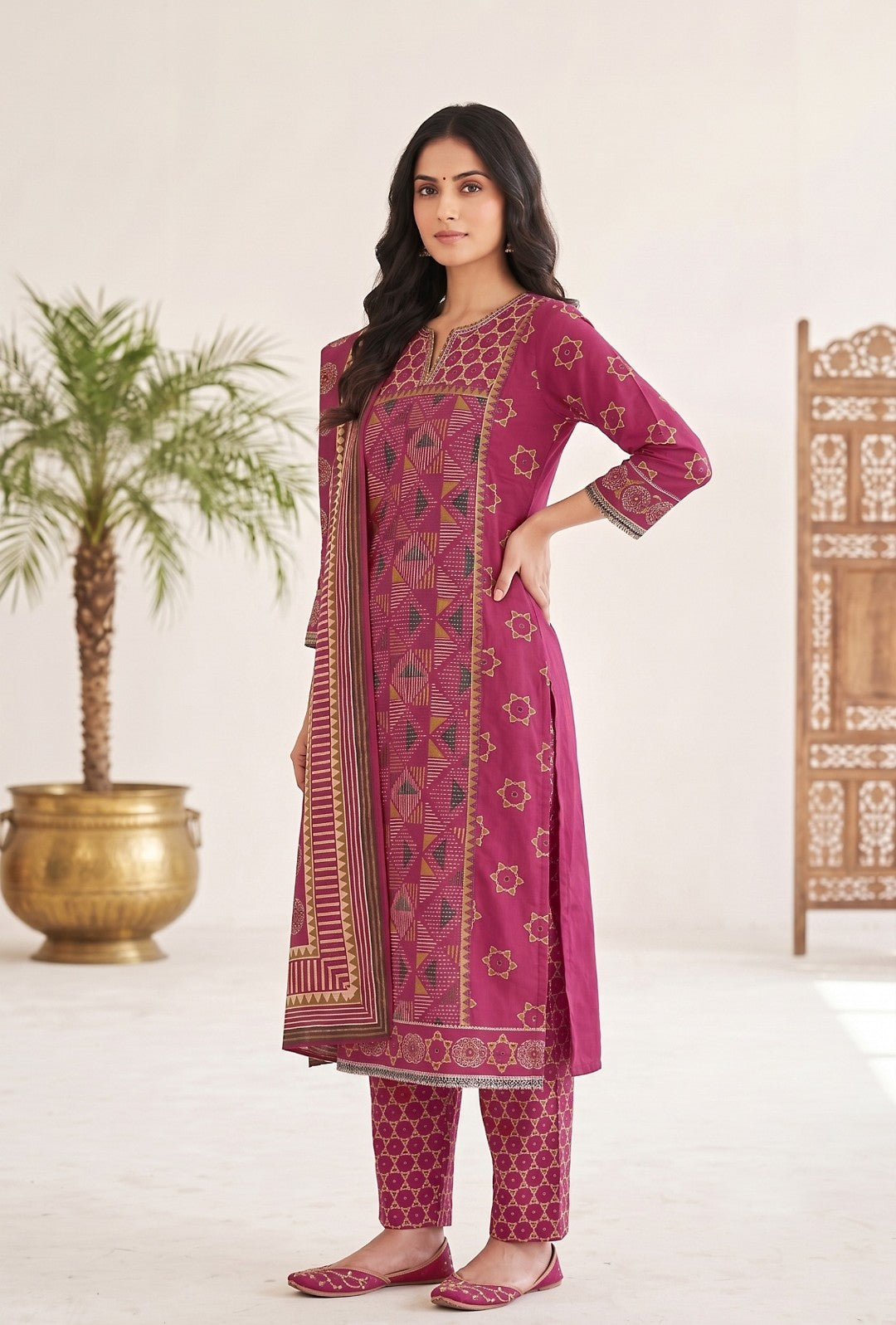 Abhaya Pink Premium Cotton Straight Salwar Suit Set For Women