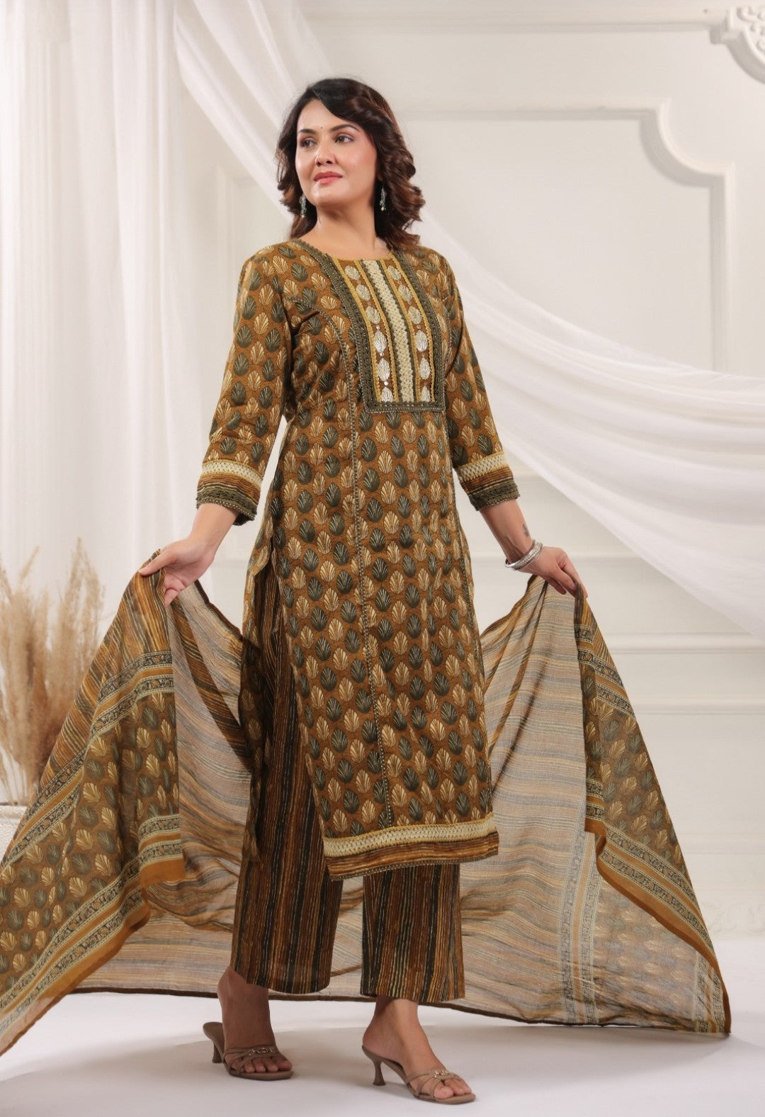 Rajeshwari Brown Cotton Straight Salwar Suit Set For Women