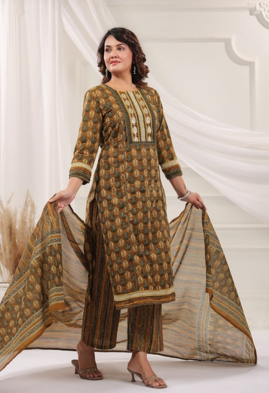 Rajeshwari Brown Cotton Straight Salwar Suit Set For Women