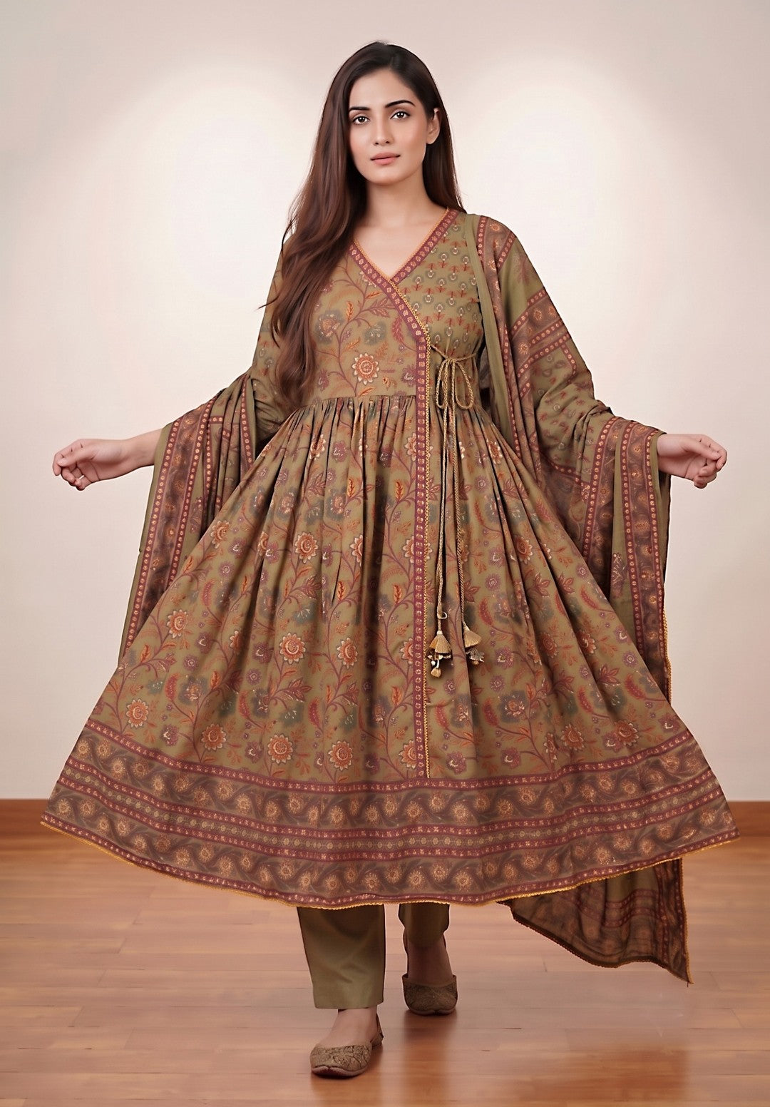 Eshana Olive Green Premium Cotton Anarkali Set With Dupatta