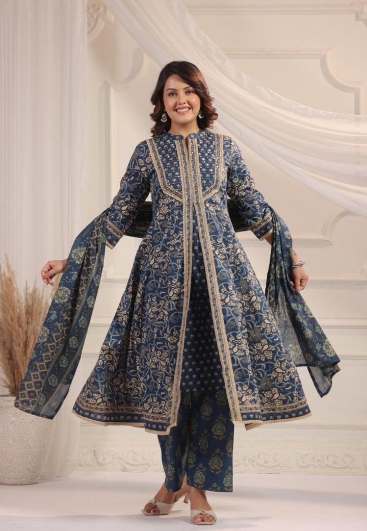 Seema Blue Cotton Anarkali Suit Set