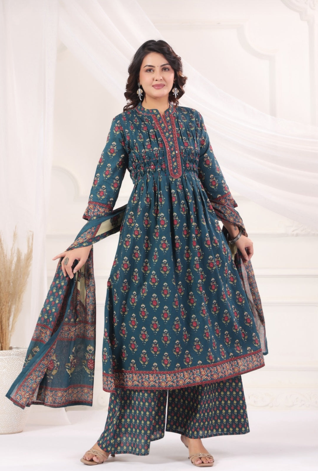 Bhanu Blue Cotton A Line Suit Set With Pockets For Women