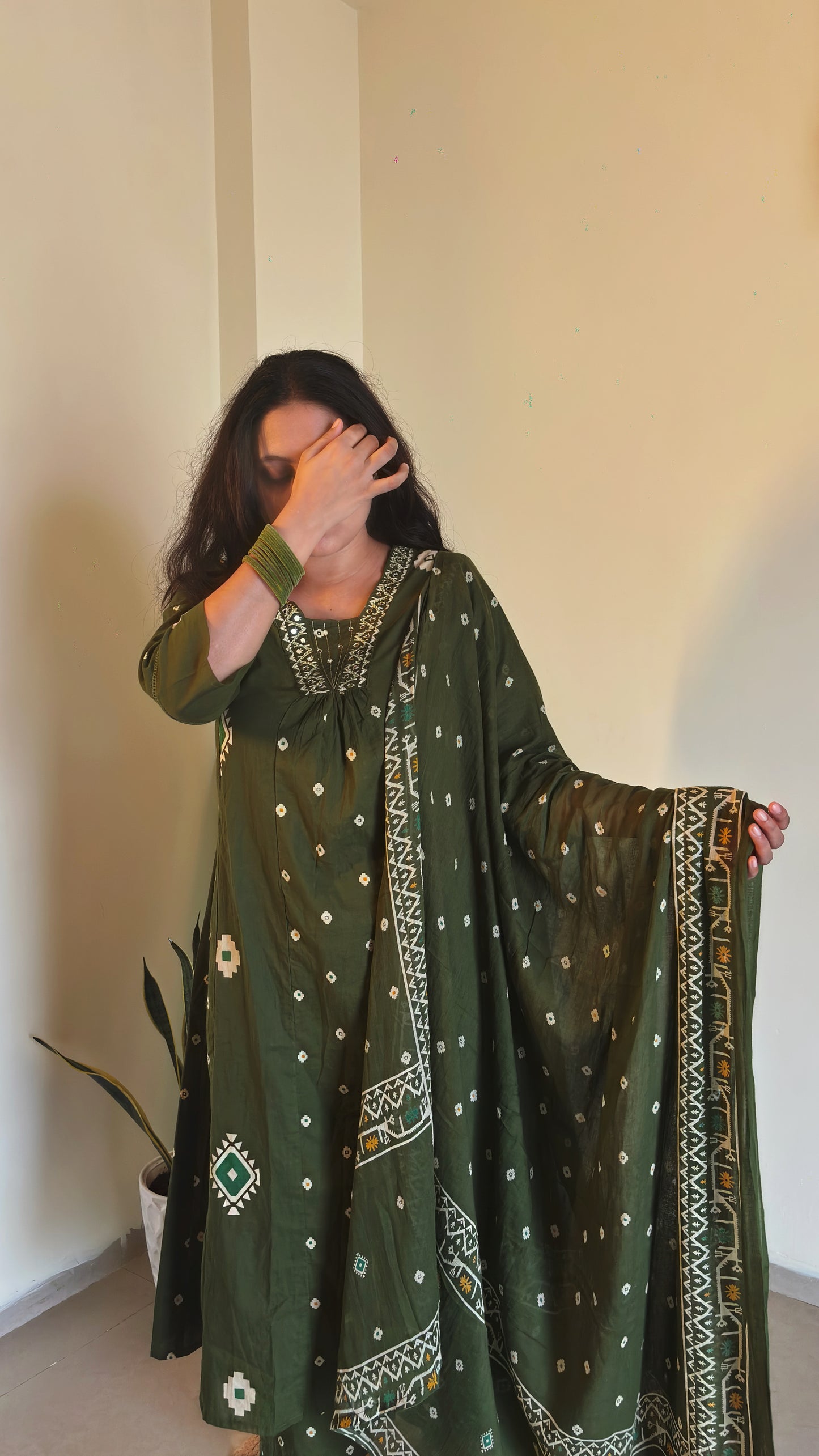 Yami Green Cotton A Line Suit Set