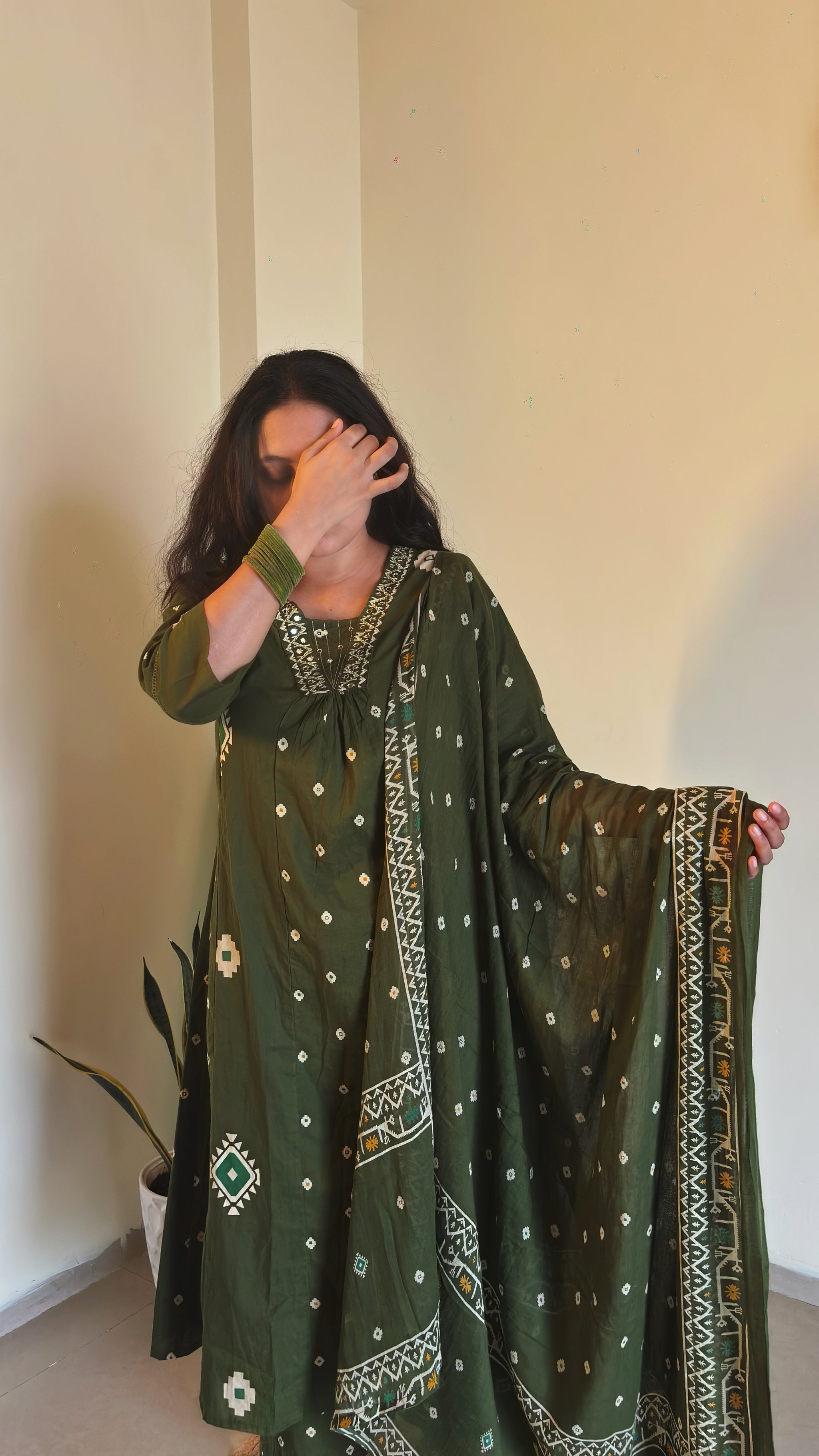 Yami Green Cotton A Line Suit Set