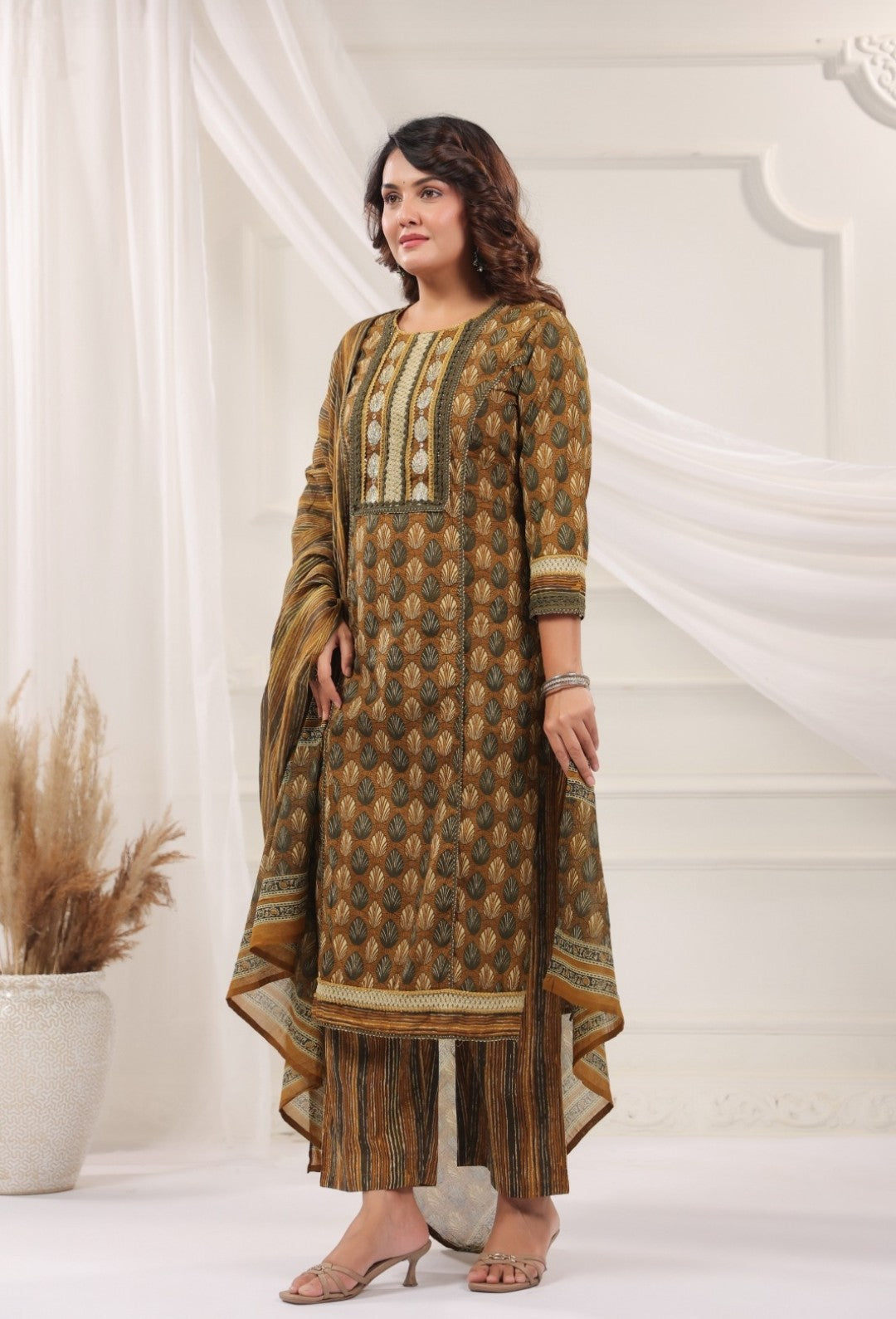 Rajeshwari Brown Cotton Straight Salwar Suit Set For Women