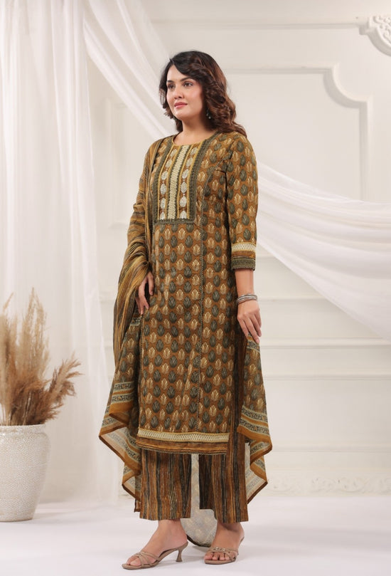 Rajeshwari Brown Cotton Straight Salwar Suit Set For Women