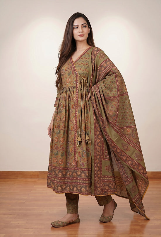 Eshana Olive Green Premium Cotton Anarkali Set With Dupatta