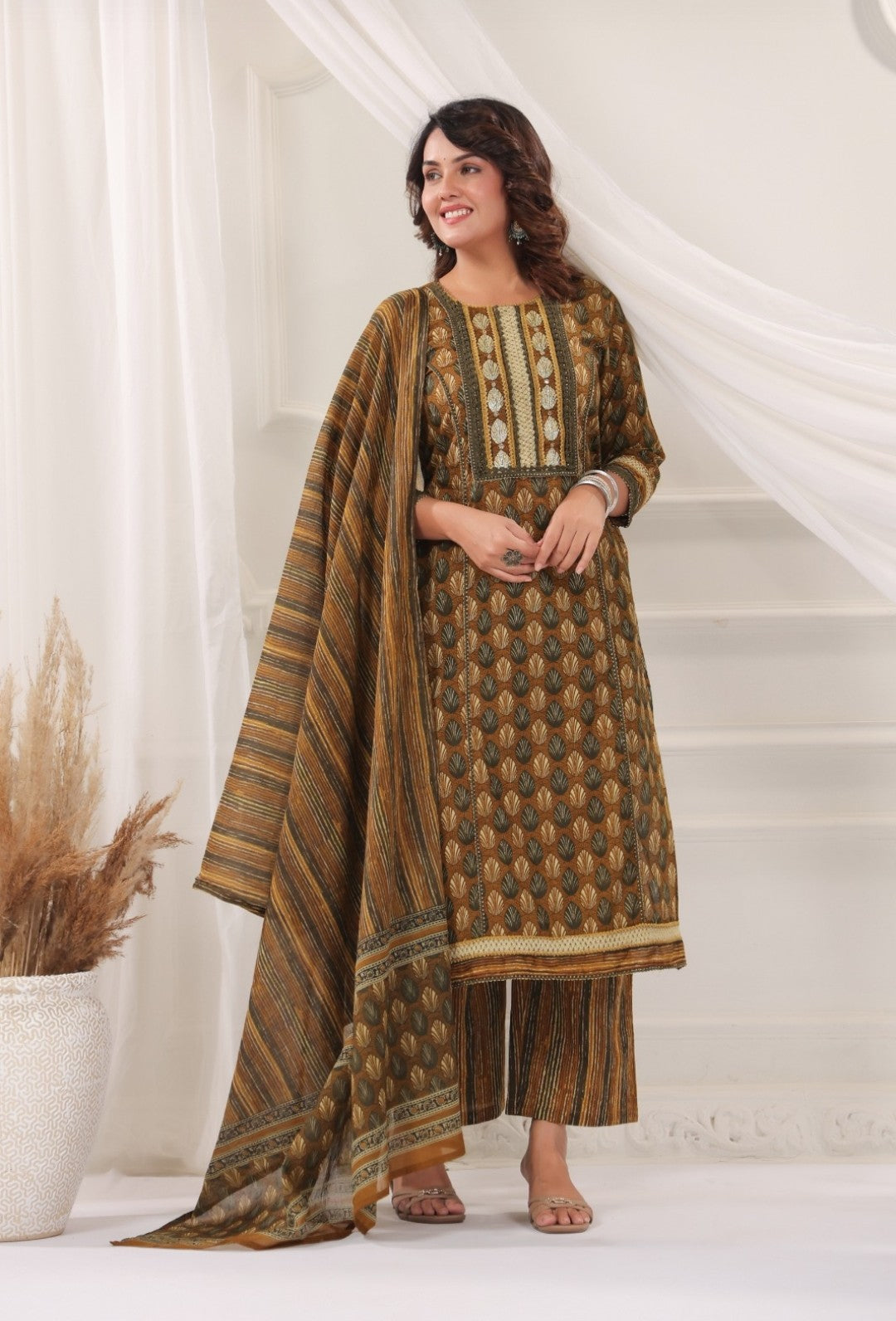 Rajeshwari Brown Cotton Straight Salwar Suit Set For Women