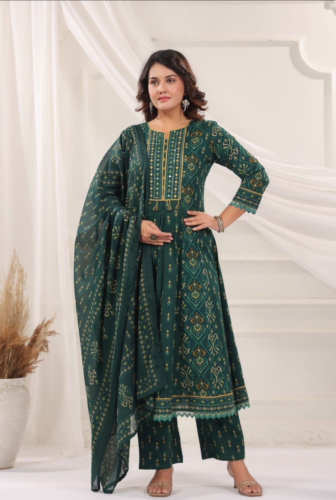 Rani Green Premium Cotton Anarkali Set With Dupatta