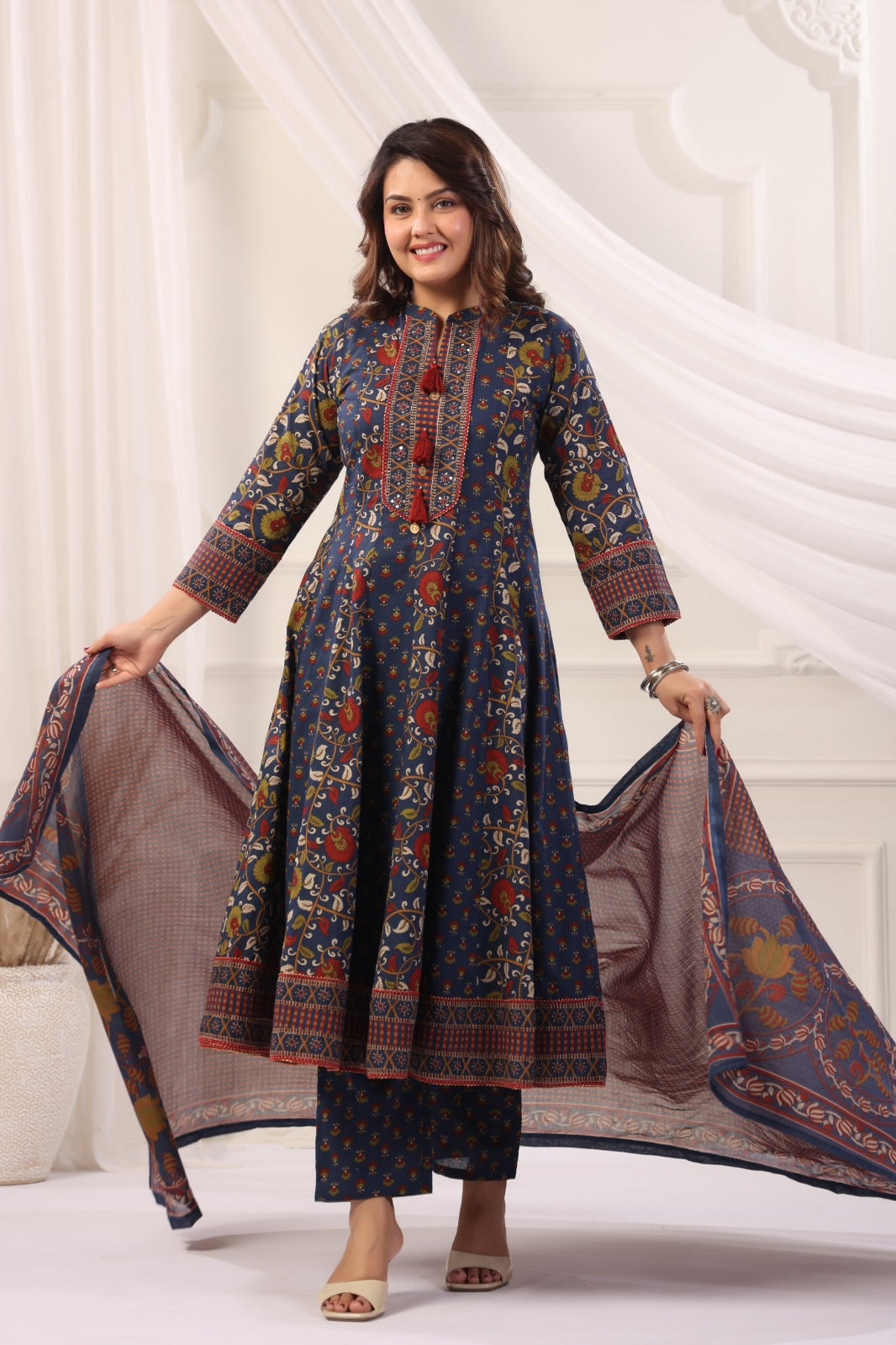 Jayashree Blue Cotton Anarkali Suit Set For Women