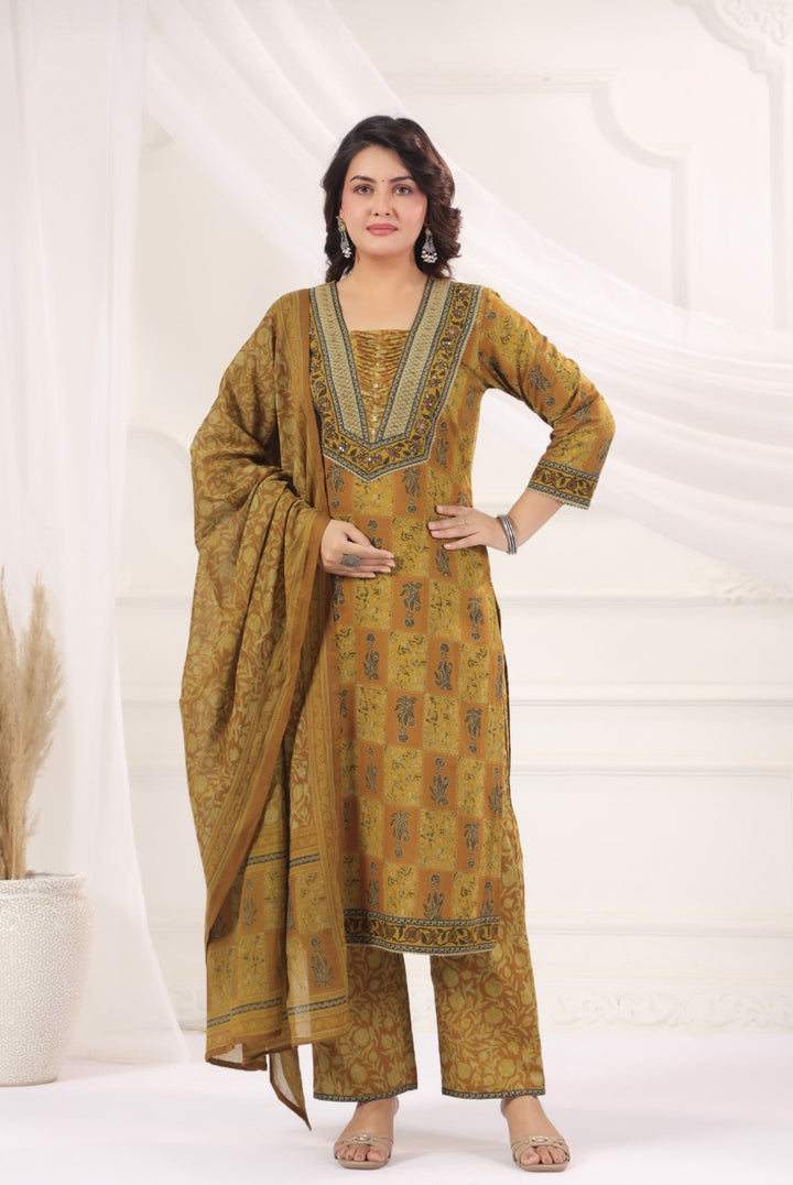 Nila Mustard Cotton Straight Salwar Suit Set For Women