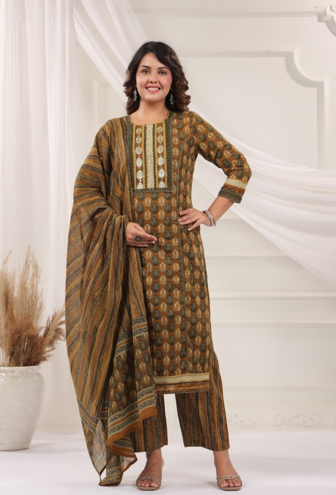 Rajeshwari Brown Cotton Straight Salwar Suit Set For Women
