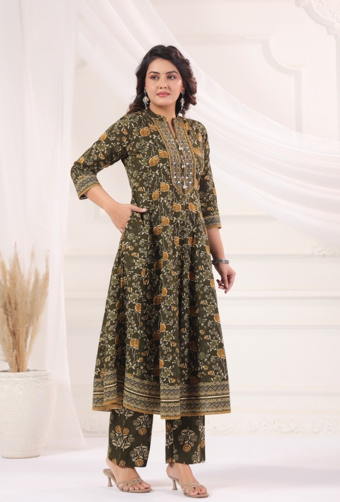 Aishani Green Premium Jaipur Cotton Anarkali Set With Dupatta