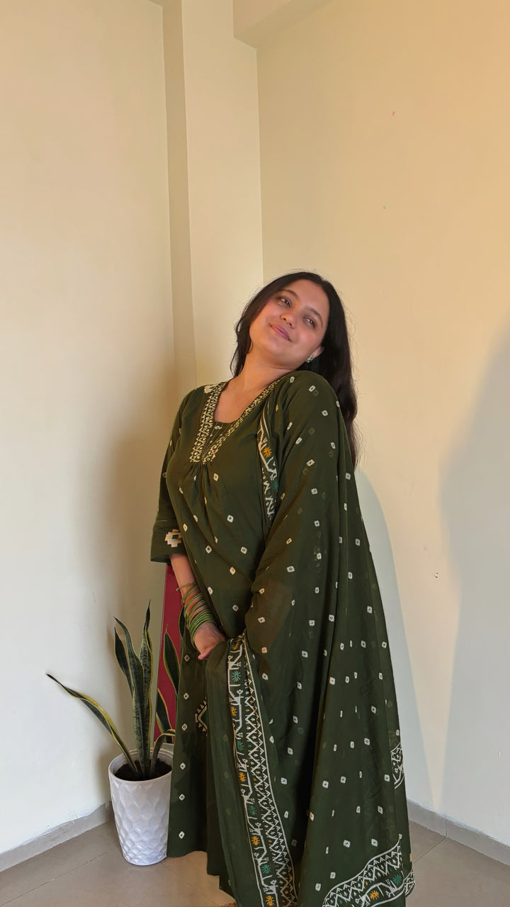 Yami Green Cotton A Line Suit Set