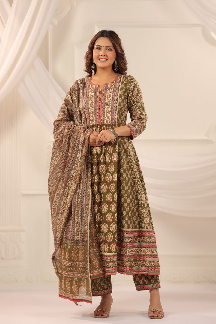 Rajeshwari Mehendi Colour Cotton Anarkali Suit Set For Women
