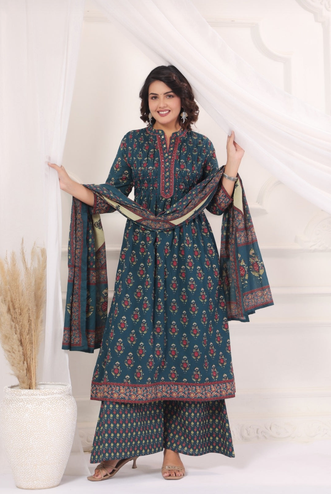 Bhanu Blue Cotton A Line Suit Set With Pockets For Women
