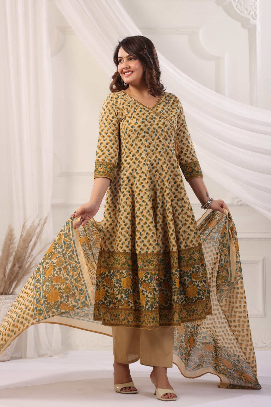 Akshara Yellow Cotton Anarkali Suit Set For Women