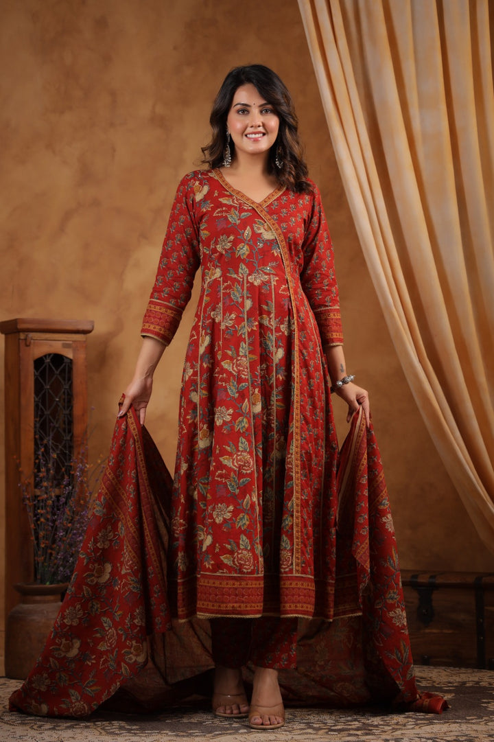 Khwaish Red Cotton Anarkali Set