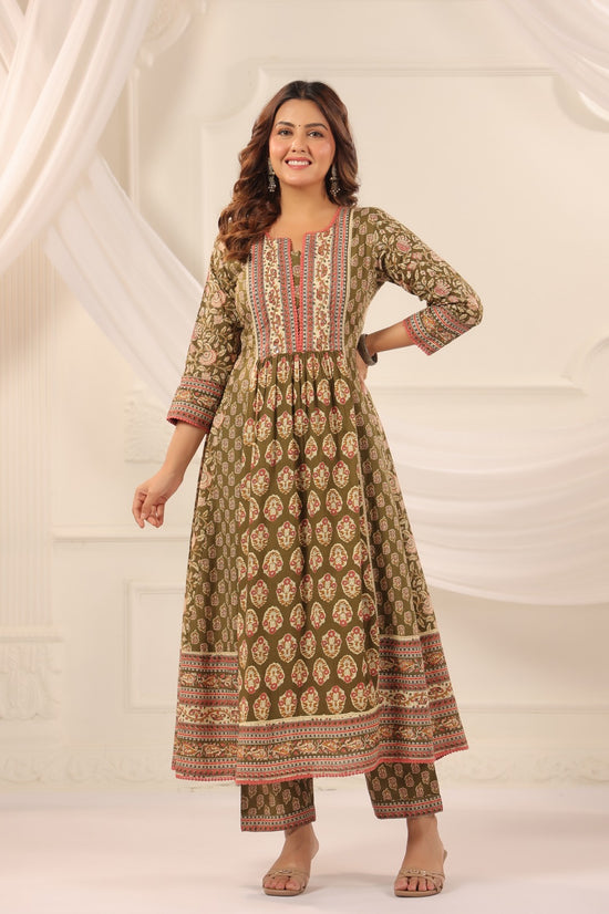 Rajeshwari Mehendi Colour Cotton Anarkali Suit Set For Women