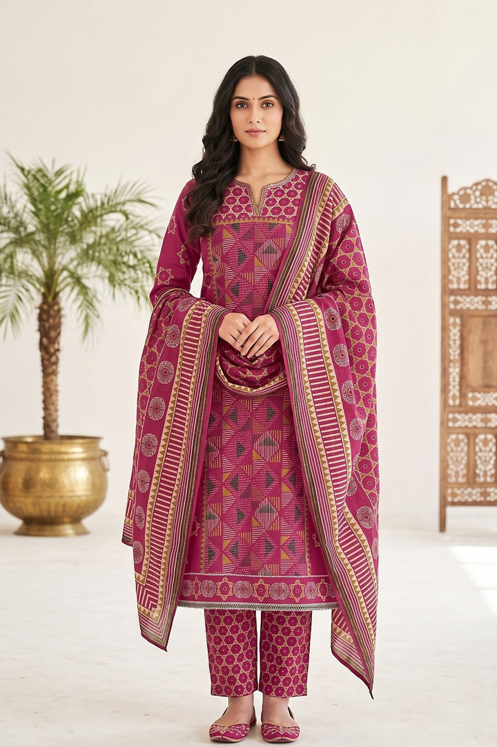 Abhaya Pink Premium Cotton Straight Salwar Suit Set For Women